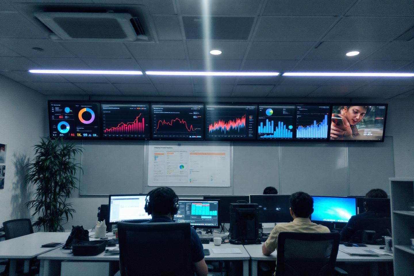 Écrans de données et analystes travaillant dans un environnement technologique