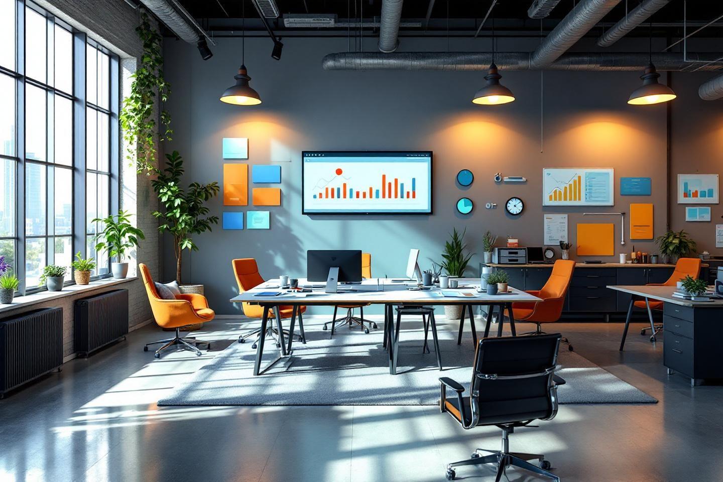 Bureau contemporain avec écran de données, chaises oranges et plantes vertes