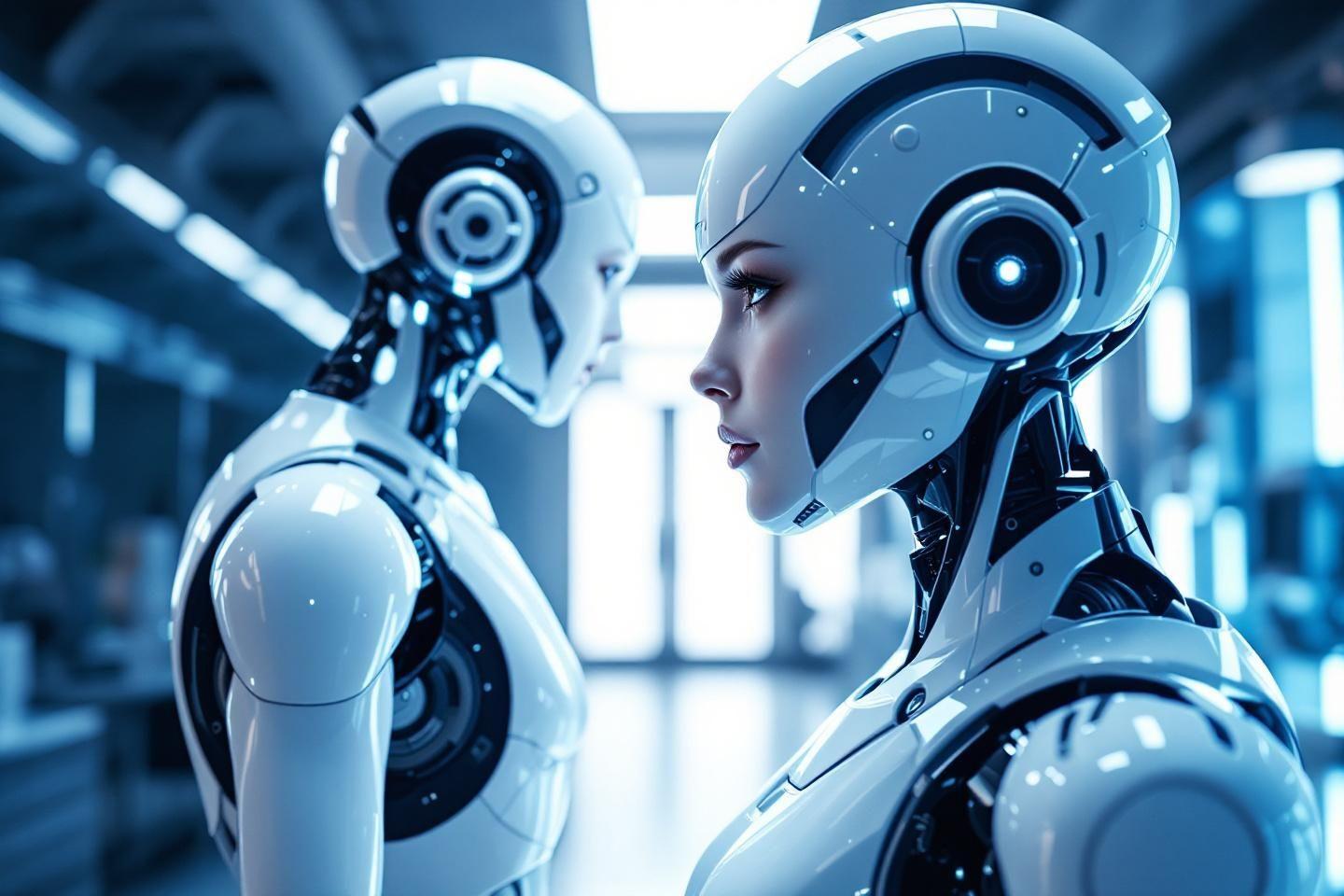 Deux robots blancs et bleus sophistiqués face à face dans un environnement high-tech