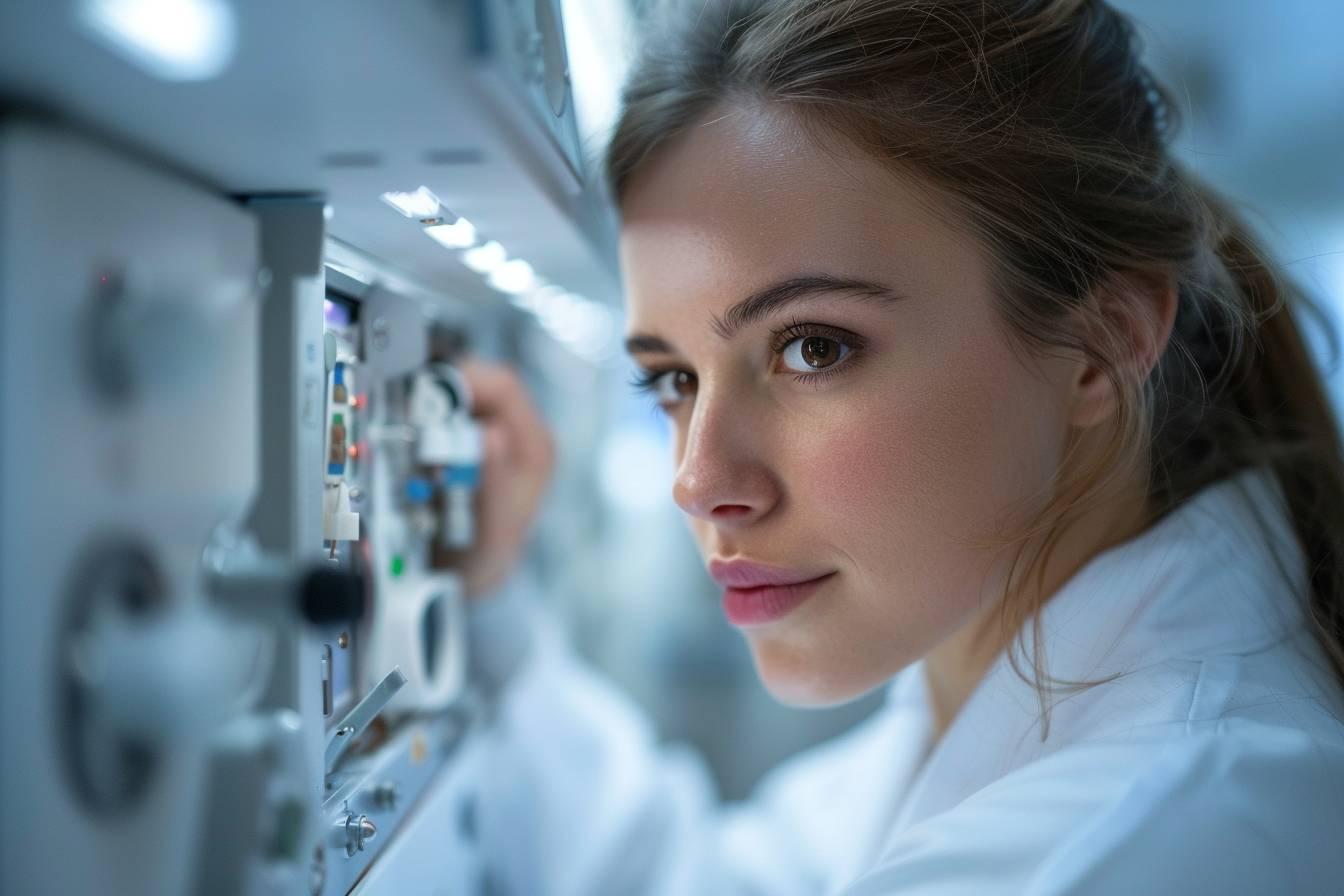 Une jeune femme en blouse blanche examine attentivement un équipement de laboratoire.