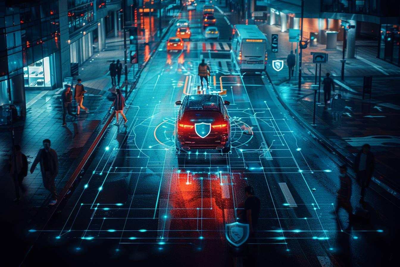 Image d'une voiture autonome équipée de capteurs et de technologies de pointe dans une ville urbaine illuminée la nuit.
