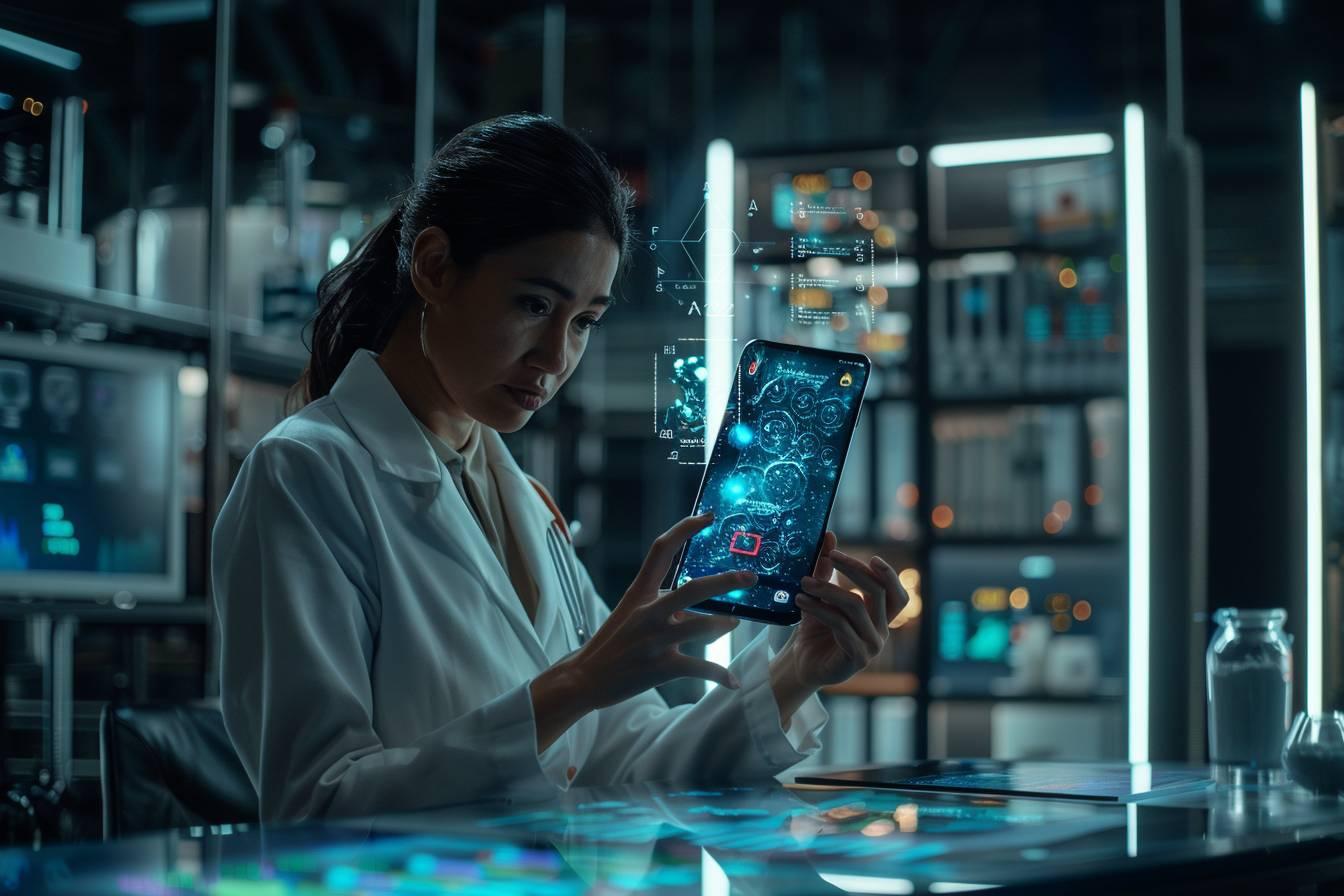 Une femme dans un laboratoire utilise un smartphone affichant des données techniques et des graphiques complexes.