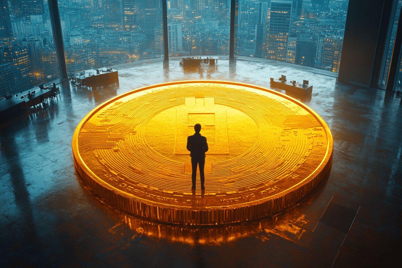 Silhouette debout sur une énorme pièce Bitcoin dorée