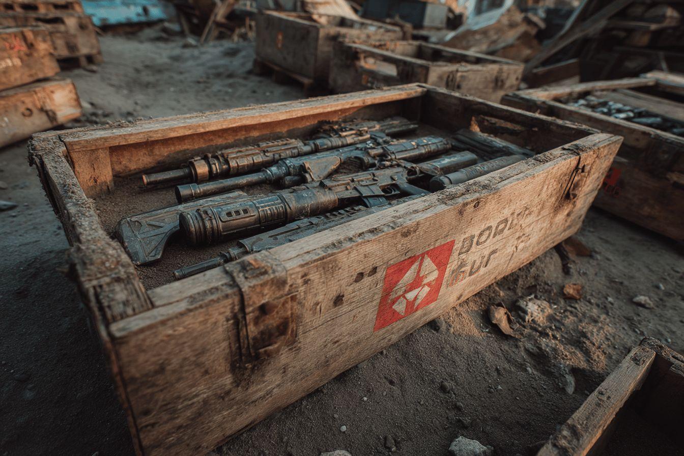 Fusils militaires usés dans une caisse en bois poussiéreuse