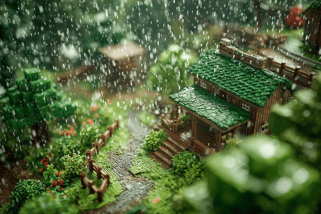 Maison miniature avec toit vert sous des gouttes de pluie