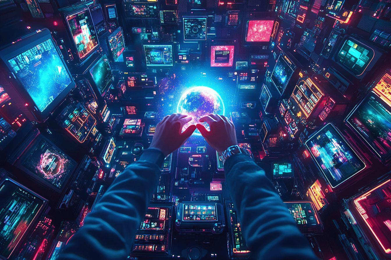 Mains manipulant une sphère lumineuse dans un poste de contrôle futuriste