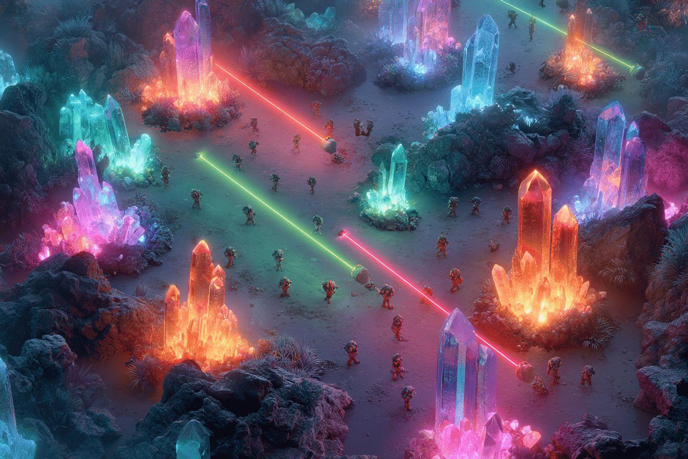 Paysage mystique avec cristaux colorés et combattants miniatures