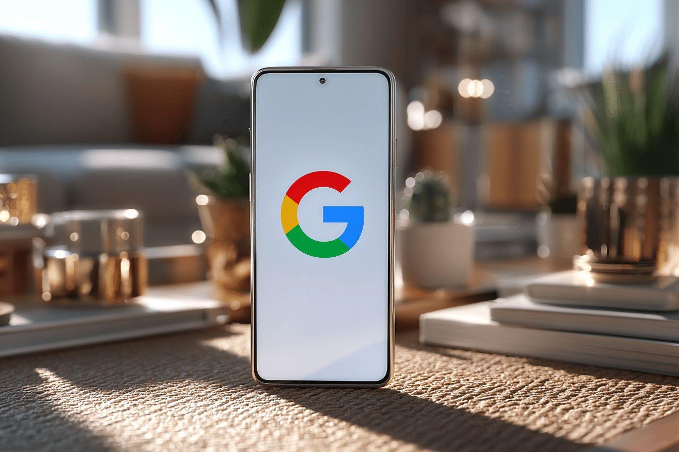 Téléphone avec logo Google sur un tapis lumineux