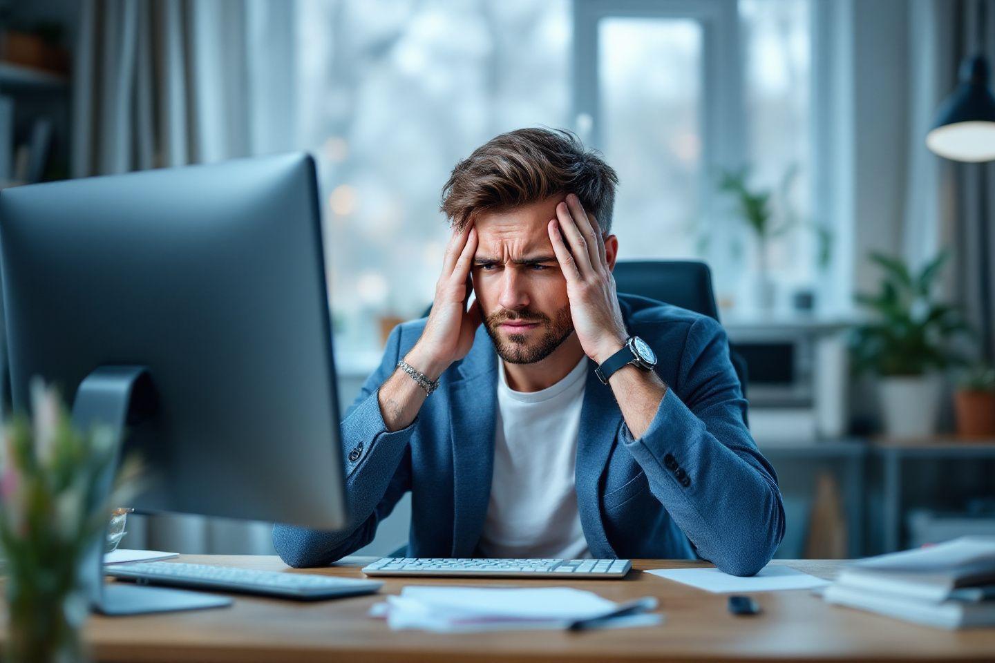 Employé de bureau épuisé tenant sa tête devant un ordinateur