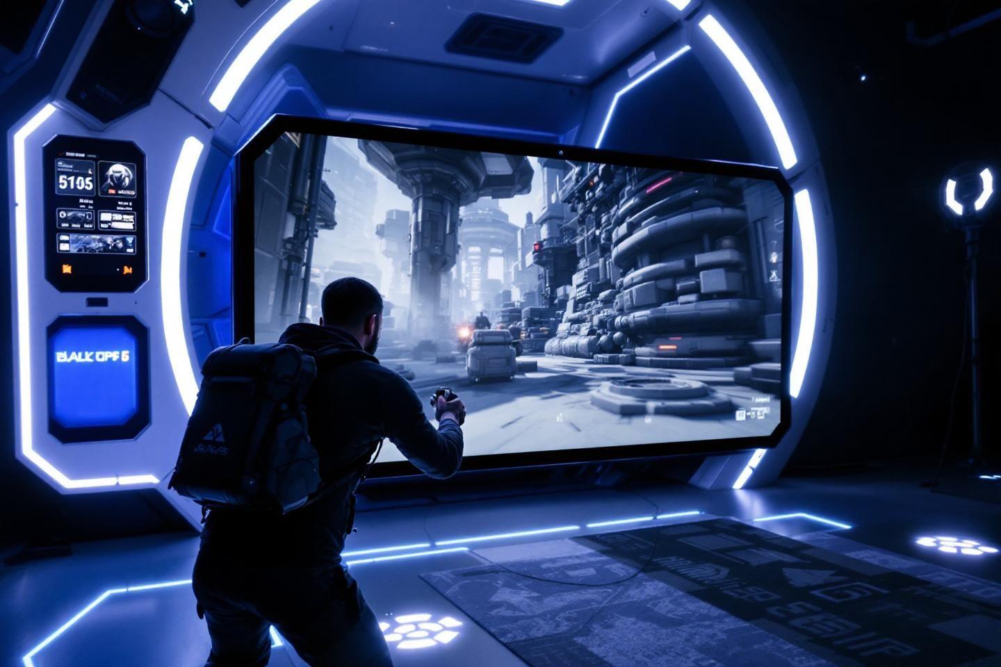 Guerrier dans un vaisseau spatial observant une ville high-tech