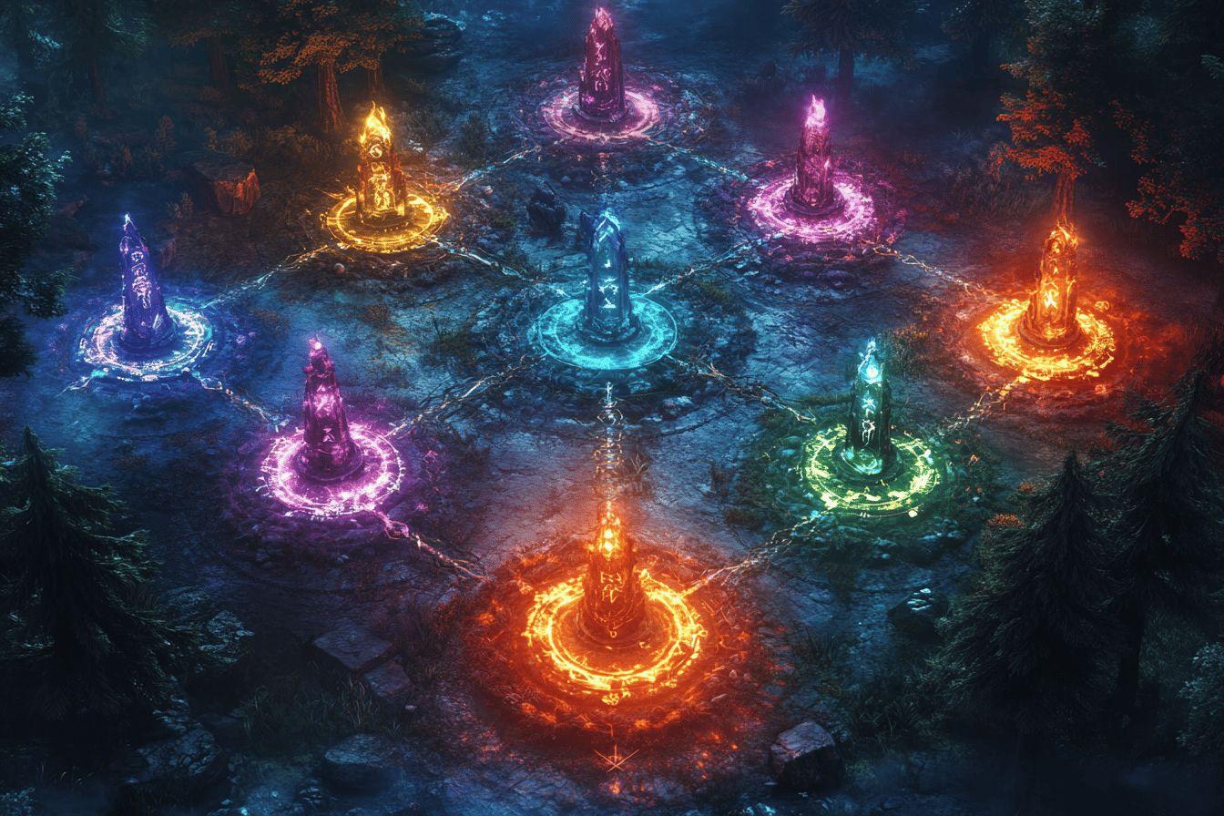 Piliers lumineux colorés disposés en cercle dans une forêt mystique