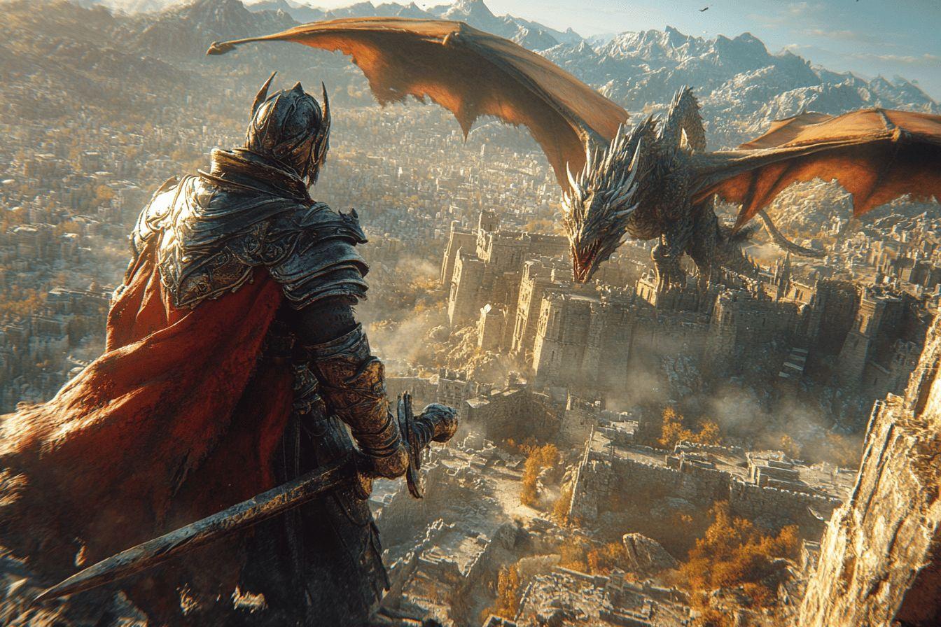 Guerrier en armure face à un dragon au-dessus d'une ville médiévale