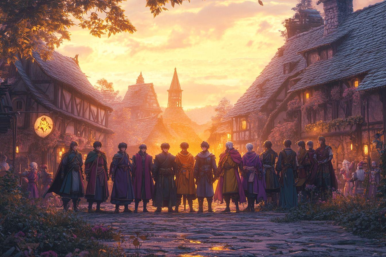 Groupe de personnages médiévaux devant un village fantastique au coucher du soleil
