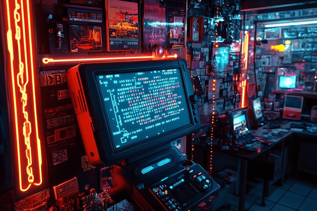 Écran bleu vintage dans un environnement sombre aux néons rouges