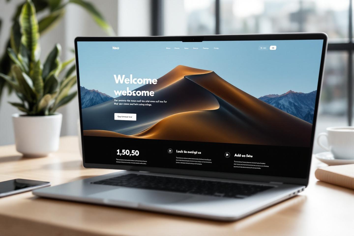 Ordinateur portable montrant un site web avec un paysage de dunes