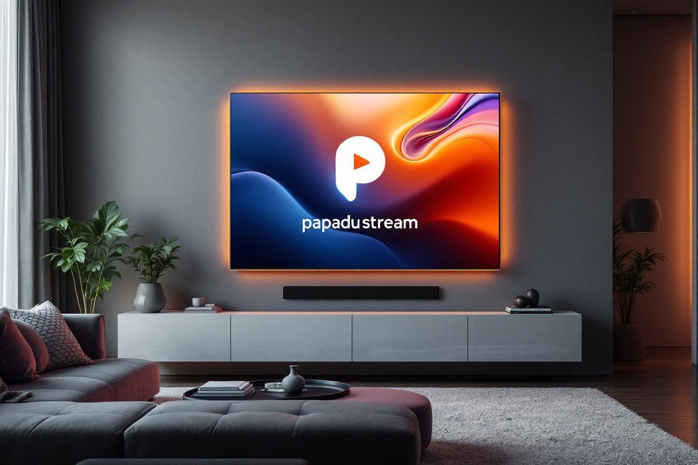 Écran lumineux avec logo Papadustream sur meuble blanc design