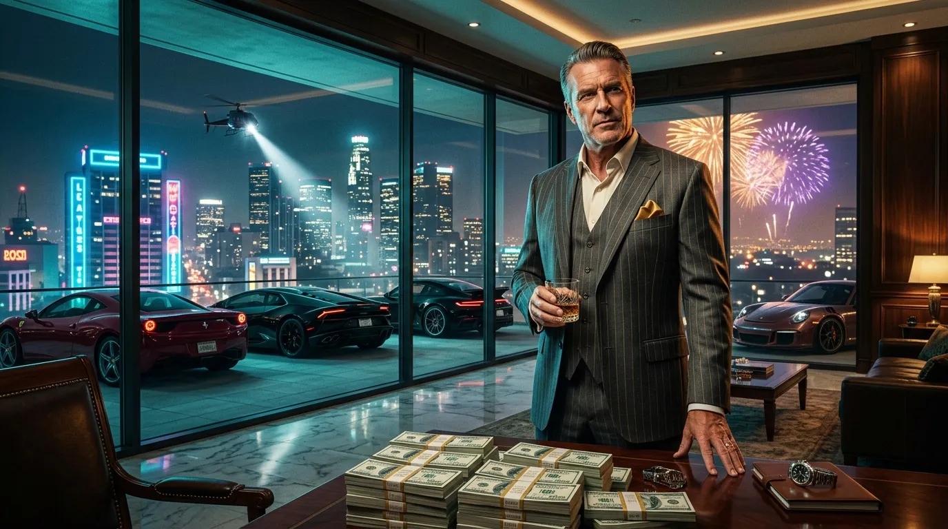 Homme d'affaires en costume avec argent, voitures de luxe et skyline urbain.