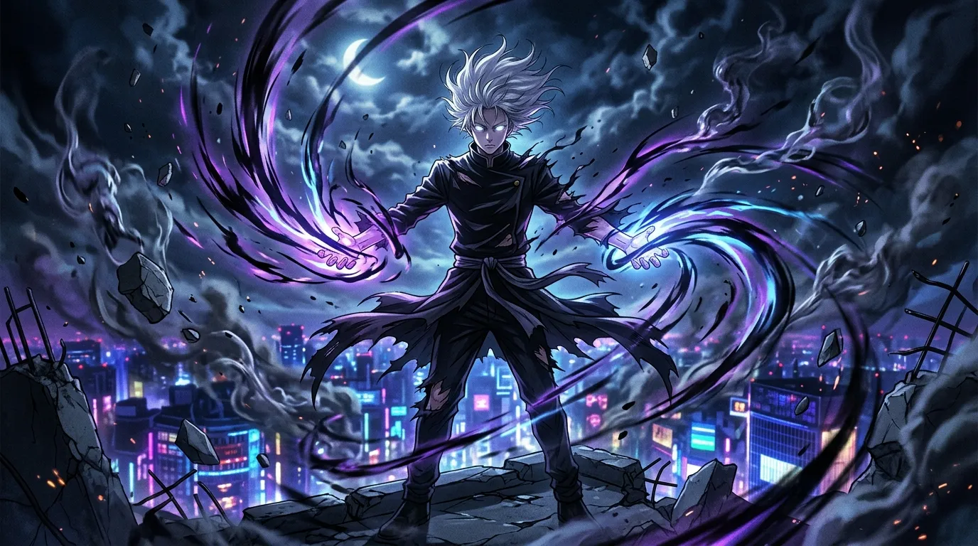 Personnage anime contrôlant l'énergie magique violette surplombant une ville