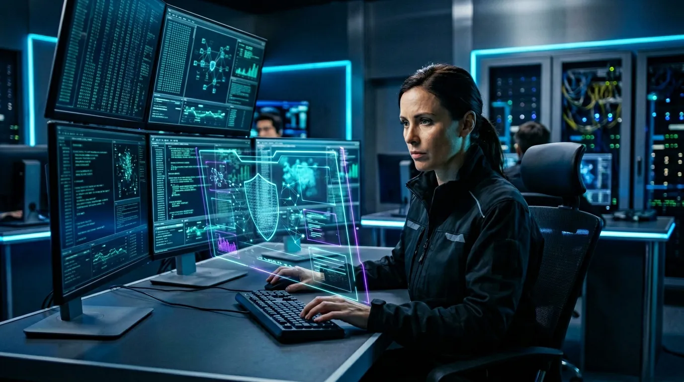 Femme monitore écrans holographiques sécurité informatique futuriste